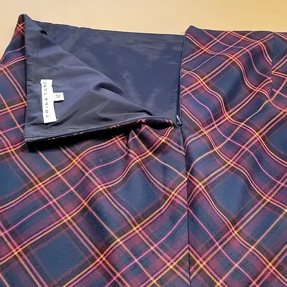 Trina Turk Size 12 Crissy Tartan Plaid Pencil Skirt Navy Blue, Pink & Orange